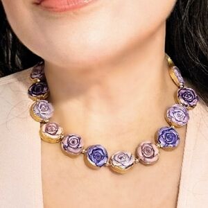 Stunning Handpainted Red Roses On Clay In Rustic Artisan Necklace​